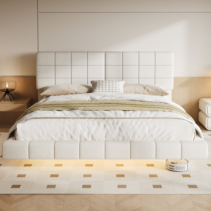 White  Boucle Floating Bed With Light,King, King