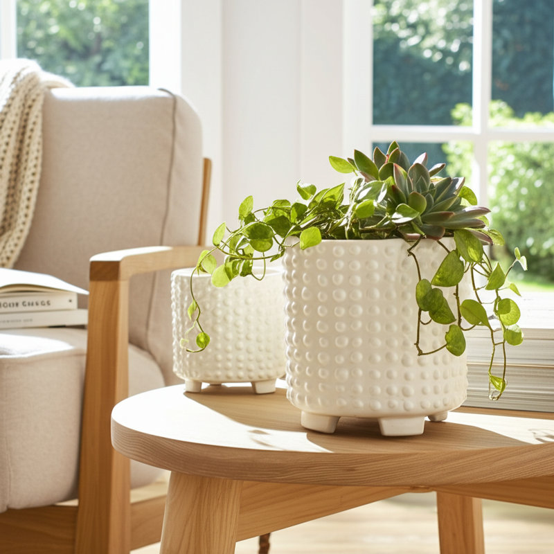 Set of 2 Ceramic Planters Indoor and Outdoor, Creamy Ivory/Beige, 8'' H x 8'' W x 8'' D