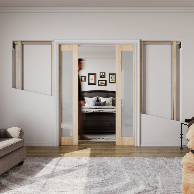 Porte coulissante double en pin 1-Lite, 64 po x 96 po