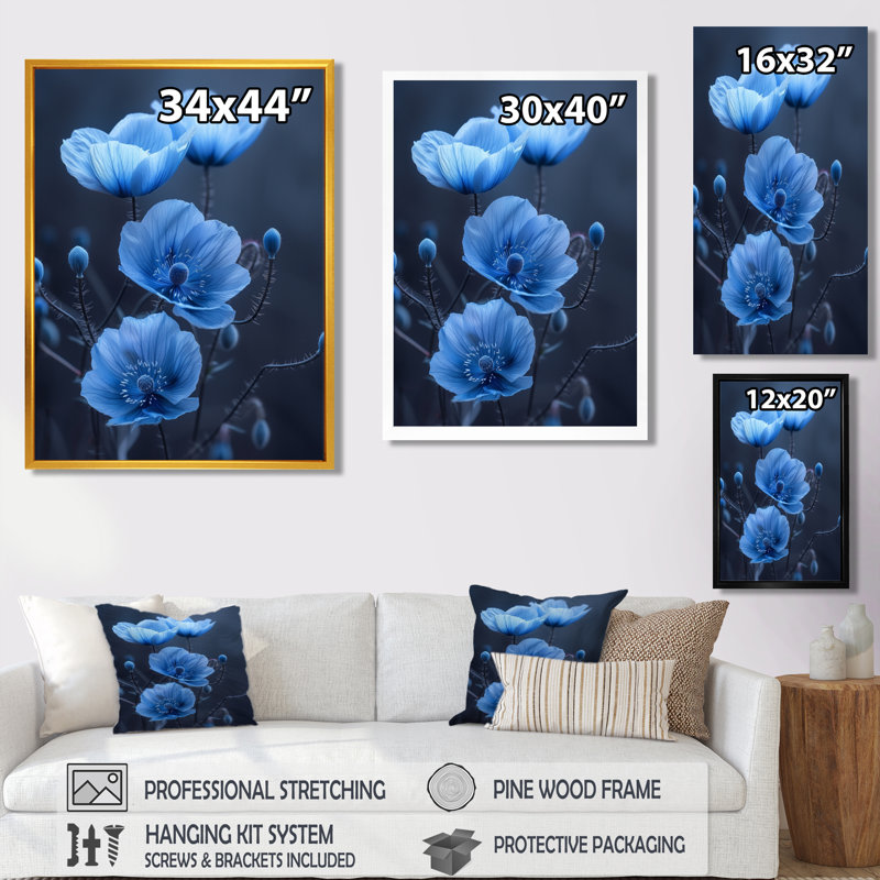«Blue Mon monochrome Ethereal Beauty Poppies», impression d'art mural coquelicots, Toile avec cadre flottant noir