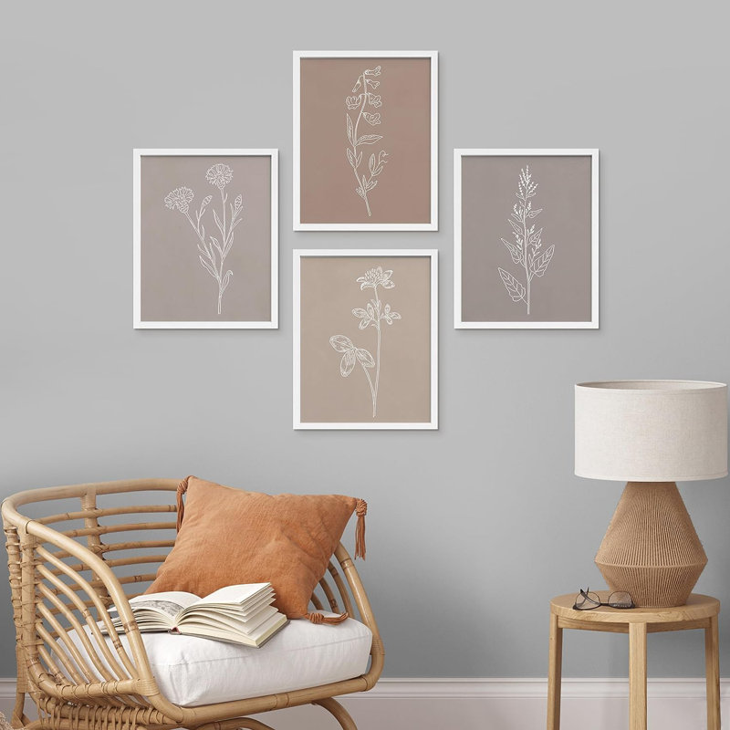 «Wildflower», dessin de silhouettes encadrées, 4 pièces, H 16 po x l 12 po x P 1 po, Cadre blanc