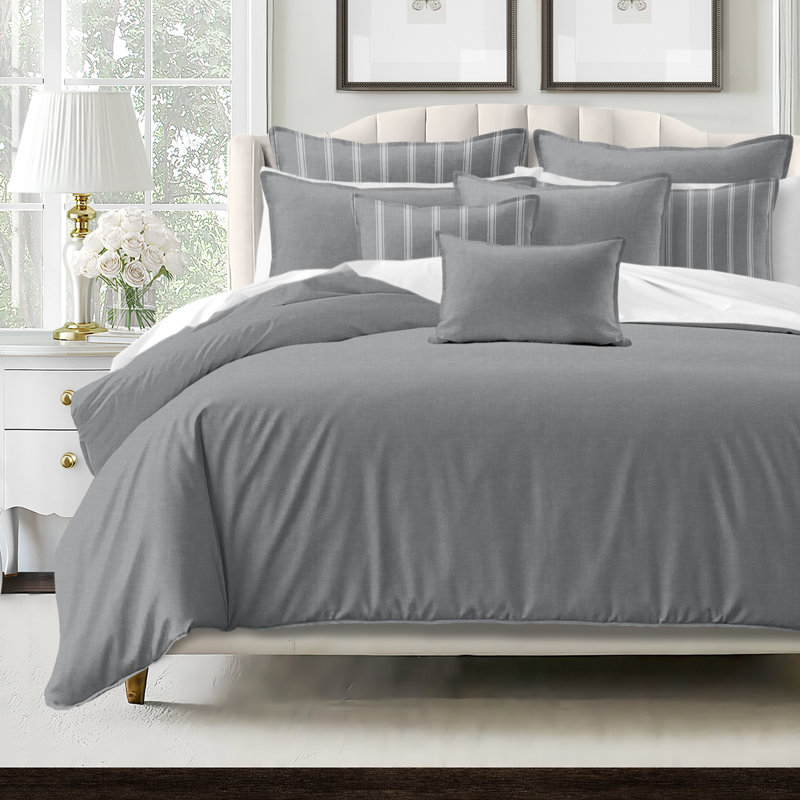 Shay Broad Ticking Stripe Gray Cotton Coverlet Set  8 Piece, California King Coverlet + 7 Additional Pieces