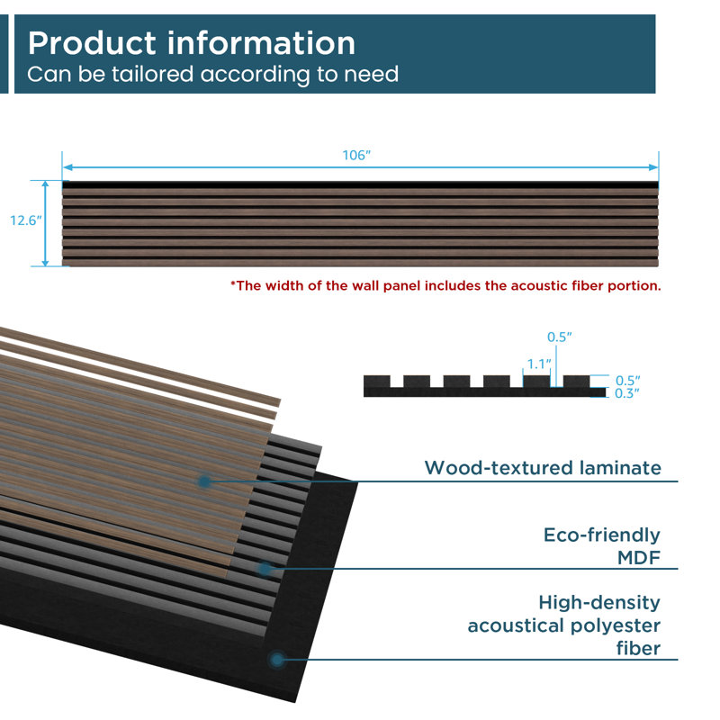 2pc x106" x 12.6" Walnut JK Acoustic Wall Paneling, Wood Slat Soundproof Wall Panels (2piece/18.55 sq.ft.), Walnut JK