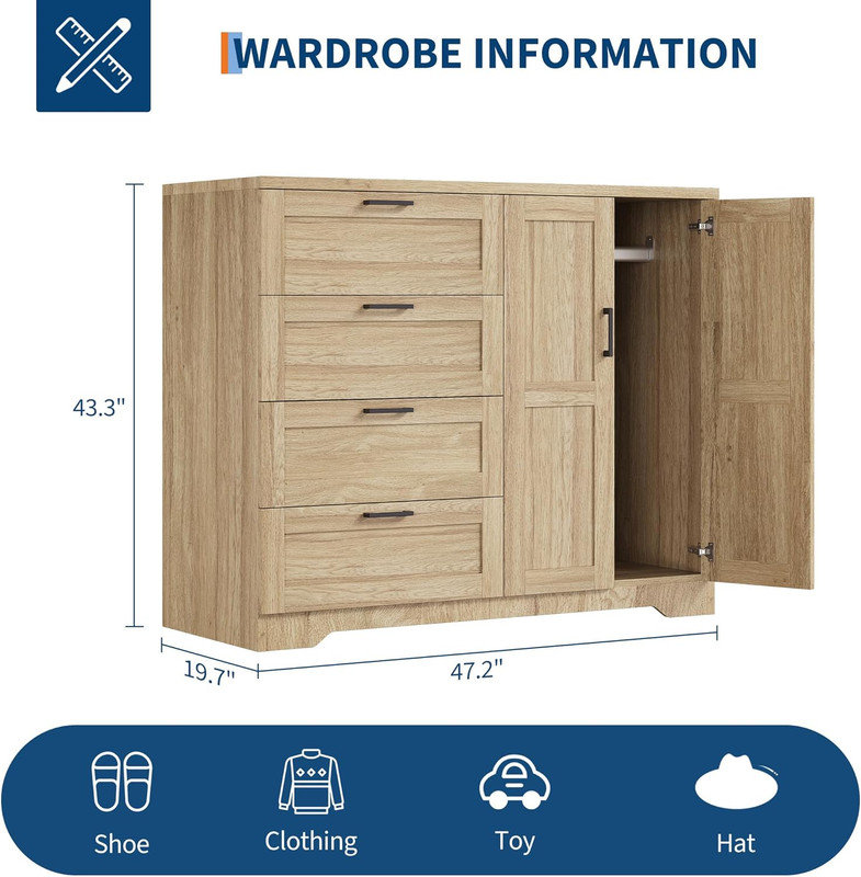 Armoire 43,3 po avec 4 tiroirs et 2 portes, tringle, armoire de rangement autoportante pour la chambre à coucher et la salle de bain