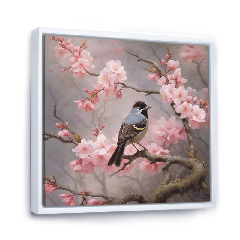 «Bluebird On Blossom Cherry I» sur toile, Cadre flottant blanc, H 36 po x l 36 po x P 1,5 po