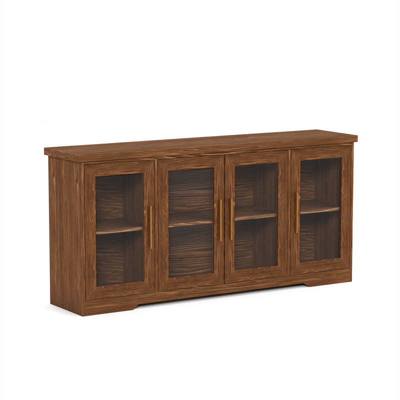 66" W Modern Sideboard Buffet Cabinet with Glass Doors & Adjustable Shelves, Brown