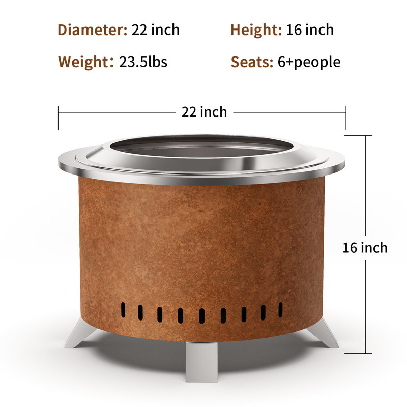 Stainless Steel 22" Low Smoke Fire Pit,Outdoor Wood Burning Smokeless Fire Pit With Cover & Poker, 15.7" H x 22" W x 22" D