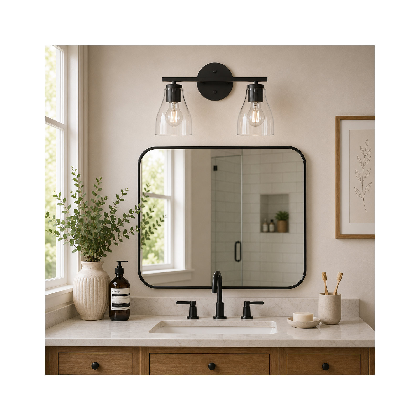 Modern Clear Glass Shade Vanity Wall Light With Steel Frame, Matte Black, 2 Lights, 10" H x 15" W x 6.5" D