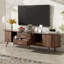 71" Mid-Century TV Stand for 80" TVs, Dark Brown Woodgrain, Sliding Doors, 2 Drawers, Solid Pine Legs