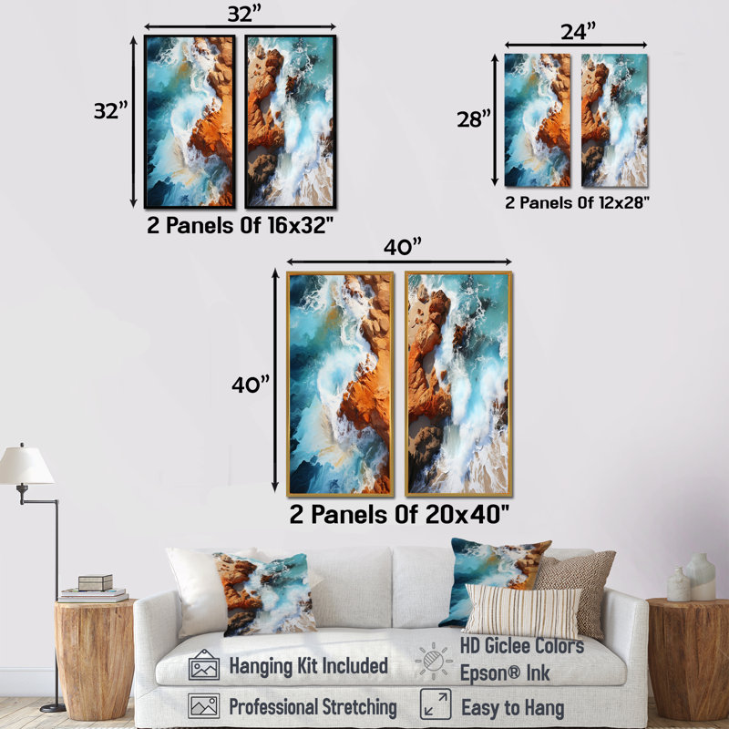 Bleu et orange, plage rocheuse, vue aérienne I - plage côtière, ensemble de 2 impressions sur toile, Encadrement brun