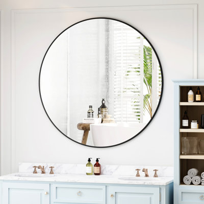 42" Black Bathroom Wall Mirror - Metal Framed Round For Living Room, Bedroom 42 Inch Suitable Bedroom, Bathroom, Room Walls