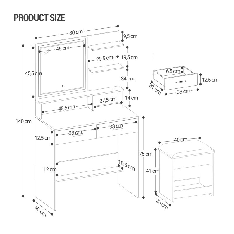 Dressing Table with Adjustable LED Lights, Rechargeable AC Socket and USB Port, Vanity Makeup with Soft Dressing Stool, 2 Drawers, Open Organisers, for Bedroom, Cloakroom
