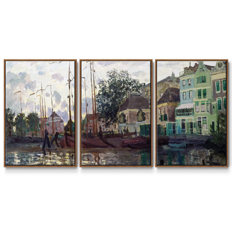 Zaandam, The Dike, Evening, 1871, peinture sur toile 3 pièces, H 40 po x l 78 po, Cadre noyer