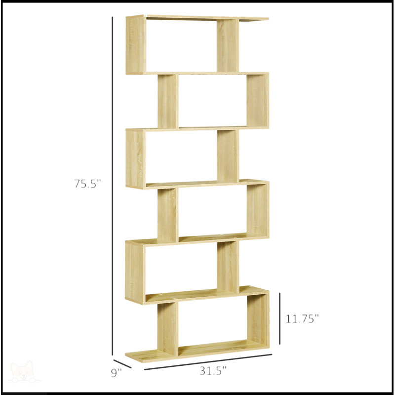 HOMCOM 75.5"H Bookcase 6 Shelf S-Shaped Bookshelf Wooden Storage Display Stand Shelf Organizer Free Standing Oak