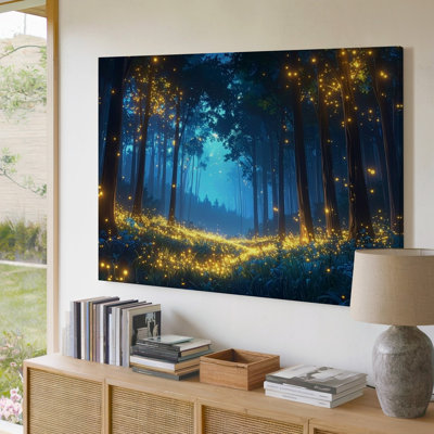 A Mystical Night Forest Illuminated By Canvas Countless Glowing Fireflies Tall Slender Trees Wall Art Premium Quality Ready To Hang