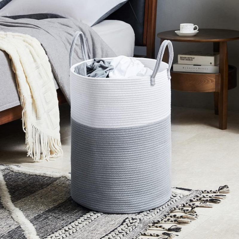 Fabric Laundry Hamper, White/Grey