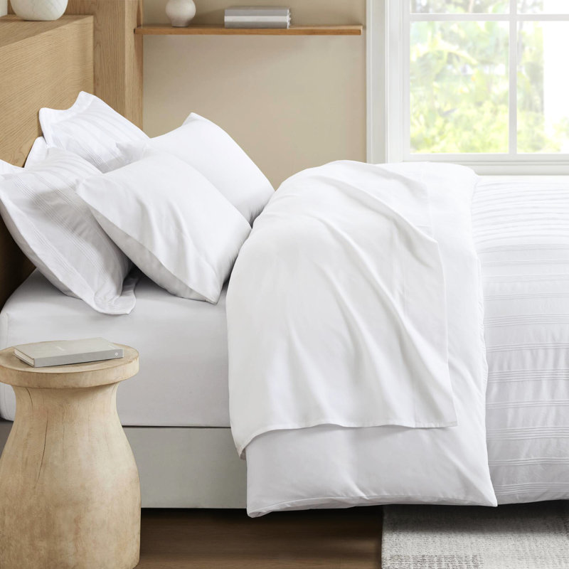Couette 3 pièces à rayures tissées avec revers en microfibre, antidérapant, idéale pour les chambres à coucher, Blanc