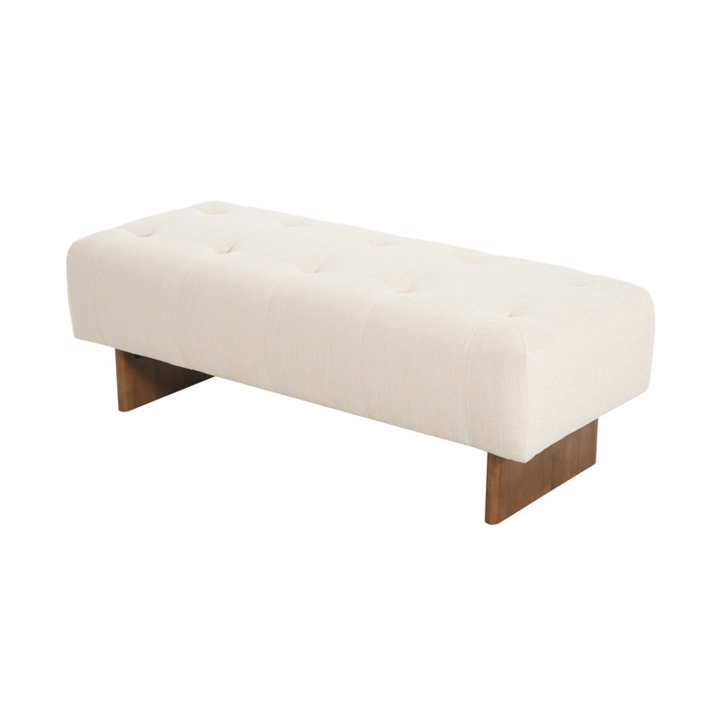  Rectangular Upholstered Ottoman Bench with Tufted Linen Fabric and Solid Wood Legs, Beige