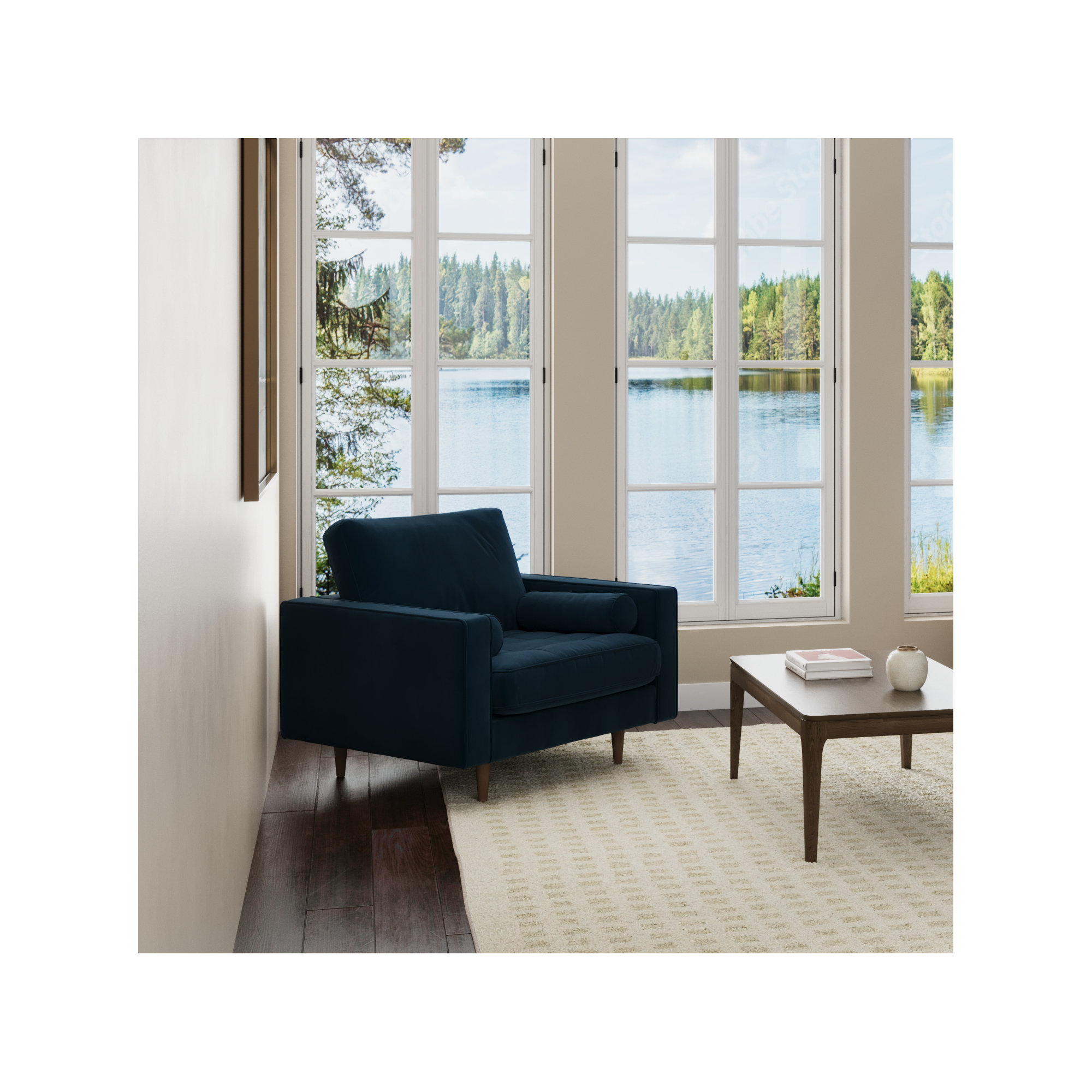 Geo Upholstered Armchair, Ink Blue Performance Velvet