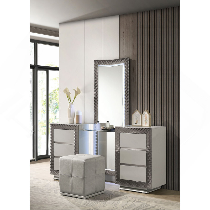 Contemporary Style 1Pc Vanity W/ Stool Metal Legs USB Port Ball Bearing Glides Glass Top Full Length Mirror Bedroom Furniture