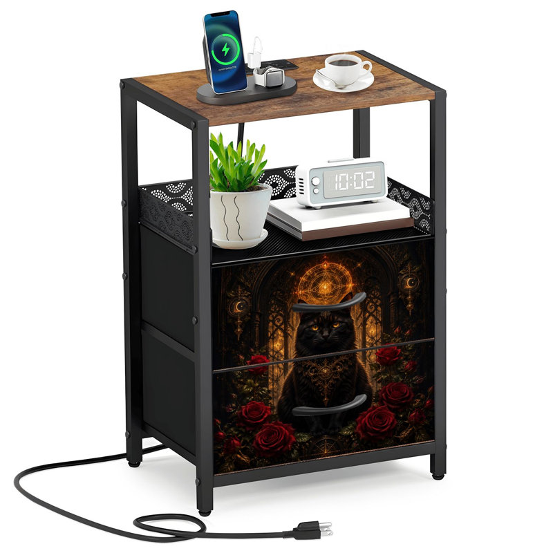 Table de chevet 2 tiroirs en tissu avec station de charge Majestic Black Cat Golden Ornaments