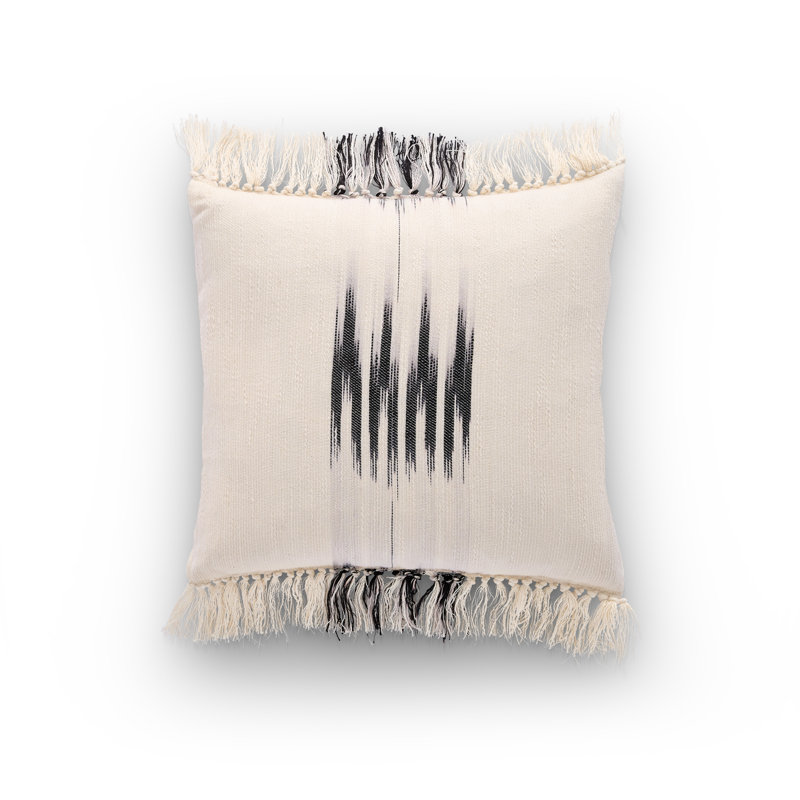 Peshtemal Ikat Cotton Pillow with Fringe, Cream;Black