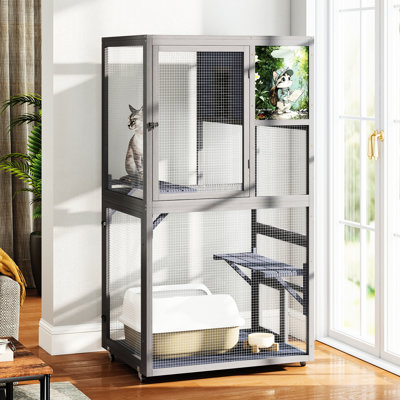 Dark Gray Cat House With 66'' Dimensions, Wheels, And Platforms, Pinewood Metal, Supports Feline Observation Outdoor Enclosure On Gray, Galvanized Mes
