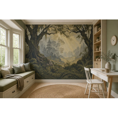 Papier peint forêt avec rayons de soleil