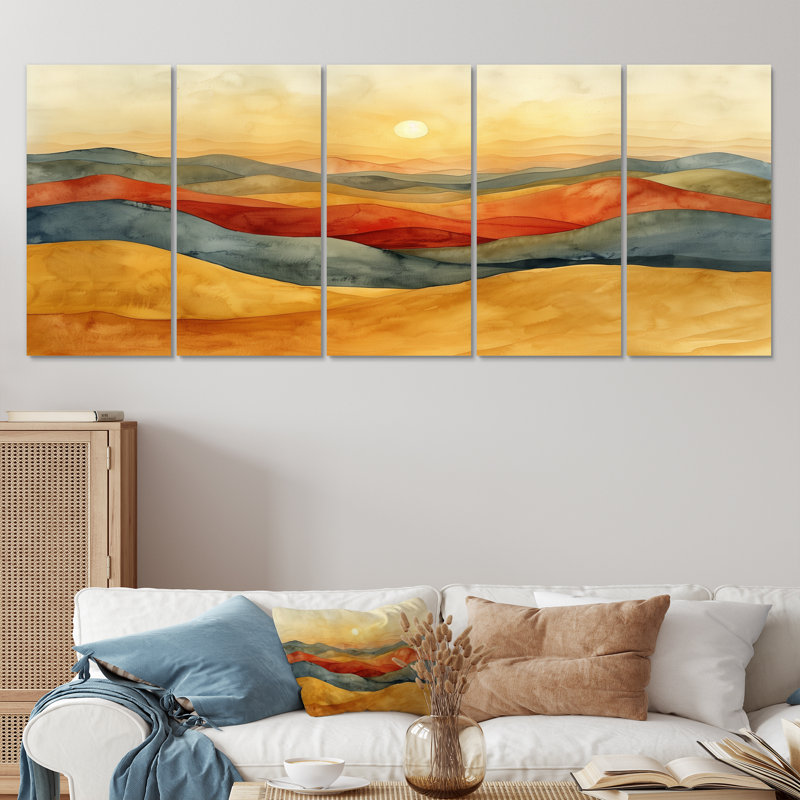 Orange, jaune, montagne abstraite, paysage, montagnes, ensemble d'art mural, H 32 po x l 80 po