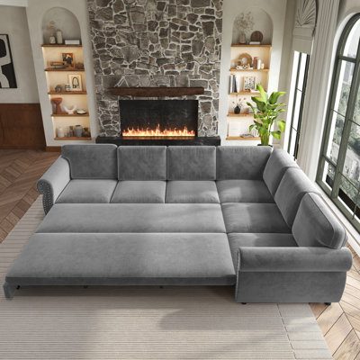118" L-Shaped Sofa Couch with Pull-Out Bed,Oversize Convertible Sleeper Sofa with Nailhead Trim & Rolled Arm,Chenille Upholstered Sectional Couches, Light Grey(New Sku:W1885S00479)