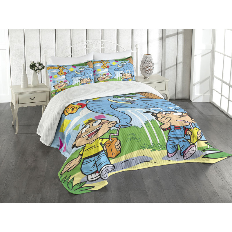 Ambesonne Cartoon Bedspread Set Mischievous Boy Multicolor, King Bedspread + 2 Standard Shams