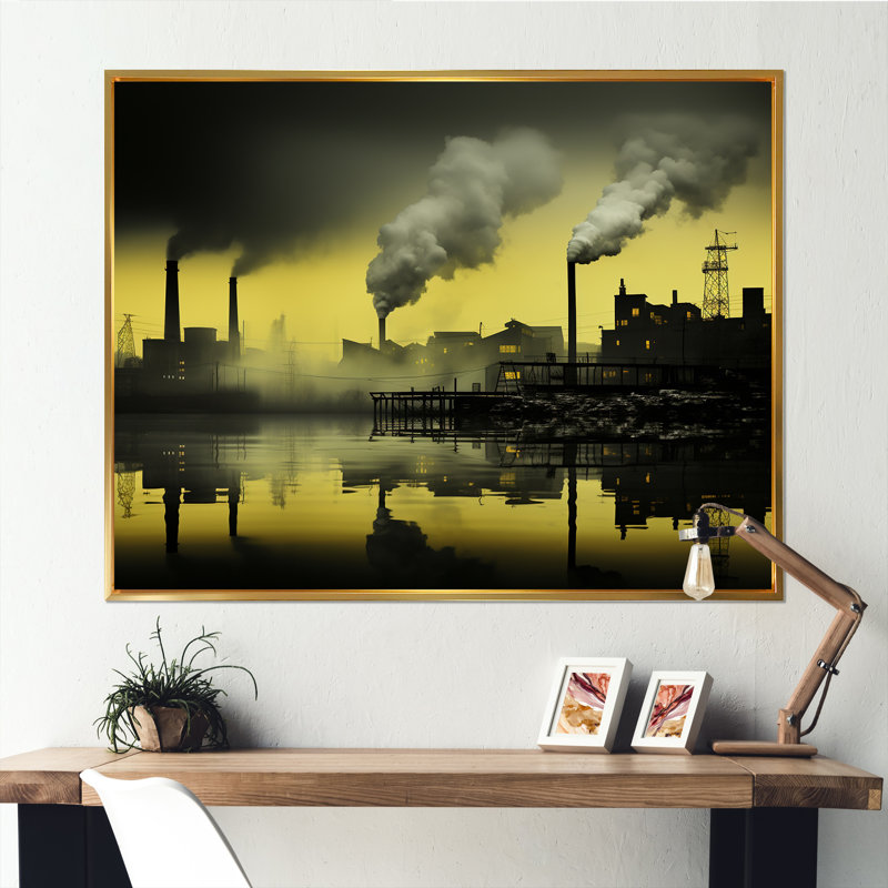 Impression sur toile, paysage de cheminée monochrome, Cadre flottant doré, H 16 po x l 32 po x P 1 po