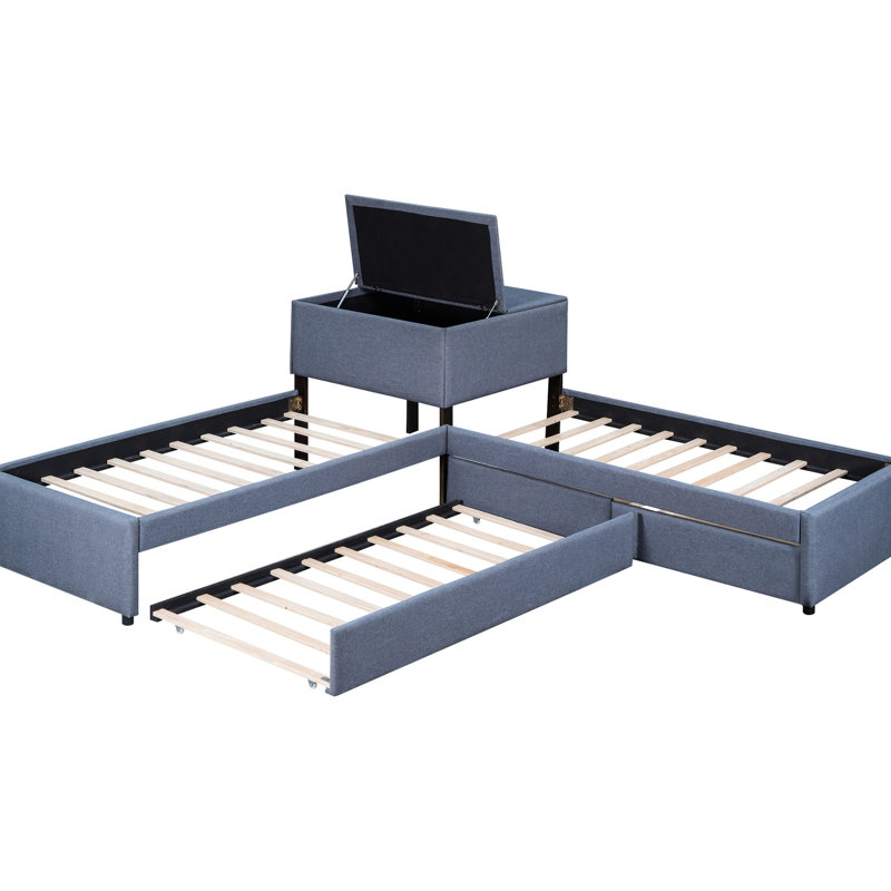 Lit simple tapissier en forme de L avec tiroirs - Lit gigogne et bureau intégré, bureau de rangement en lin gris pour plus de confort pouvant accueillir plusieurs personnes dans un espace limité