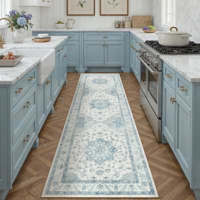 Stella Machine Washable Oriental Blue Area Rug