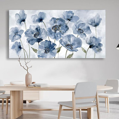 Grandes fleurs, art mural - photo sur toile florale bleue pour le salon, esthétique, bleu clair, rétro, peinture sur toile, impression, botanique rustique, art mural pour la décoration de la chambre à coucher, 20 po x 40 po