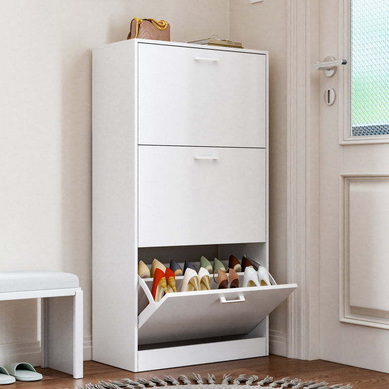 3-Tier Shoe Storage Cabinet with Flip Drawers, 12-18 Pair Free Standing Shoe Organizer 23.6''W for Entryway, White