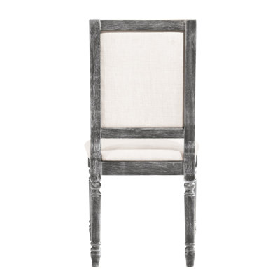 Of 2 Dining Chairs Upholstered In Cream And Weathered Grey Linen, With Rectangular Wood Trim , Standard Height Side Round Crossbars Welt Trim, 2" Foam Solid Back
