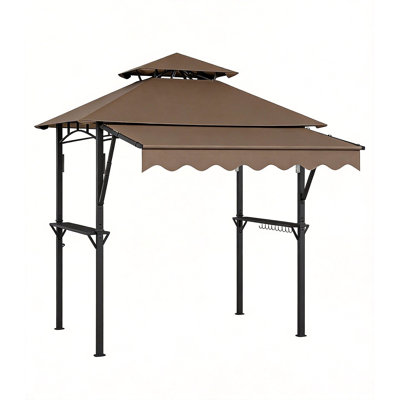 Pavillon de jardin en acier robuste de 8 pi x 5 pi avec toit à deux niveaux, auvent supplémentaire de 7 pi x 3 pi, tablettes, 10 crochets, lumières DEL, auvent extérieur en métal pour barbecue pour patio, brun