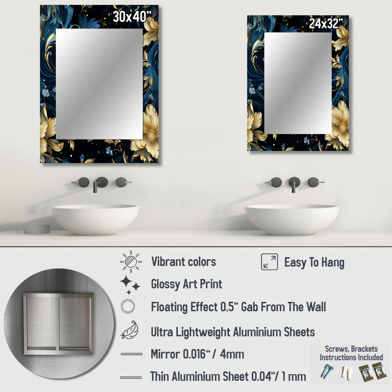 Delane Blue And Yellow Cosmic Damask Whirls - damask  Large Mirror, Damask Unique Wall Mirror Decor, Printed Metal Art