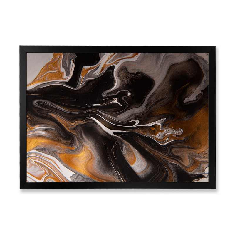 Orange et vagues de marbre noir II - impression sur toile, Cadre noir, H 30 po x l 40 po x P 1,5 po