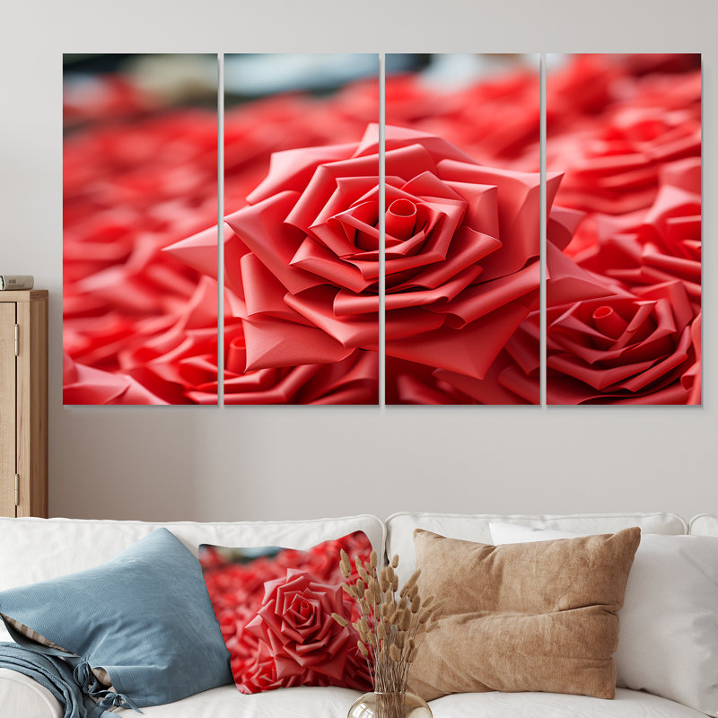 «Red Floral Rhythmic Radiance» - art mural abstrait géométrique 4 pièces pour le salon, H 28 po x l 48 po