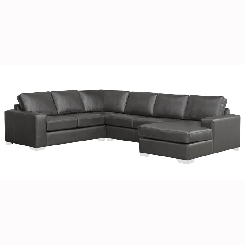 Canapé modulaire de coin en cuir véritable de 122 po Crooke, Cuir véritable gris