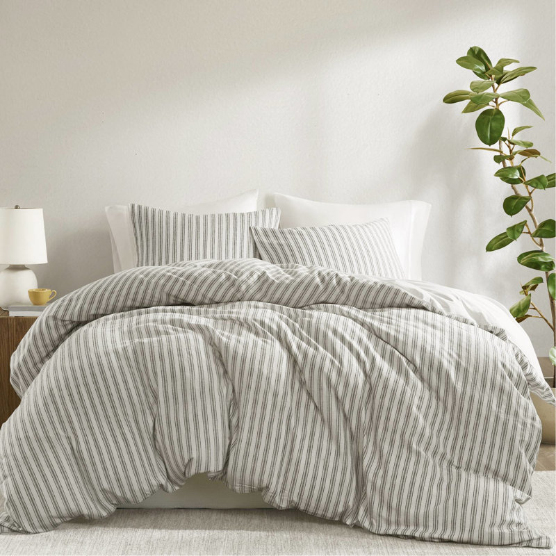Housse de couette grise 3 pièces avec tissu, confortable et esthétique, esthétique sophistiquée du lin, rayures intemporelles pour le décor de la chambre à coucher, tout confort, attaches de coin au changement, standard 100, machine