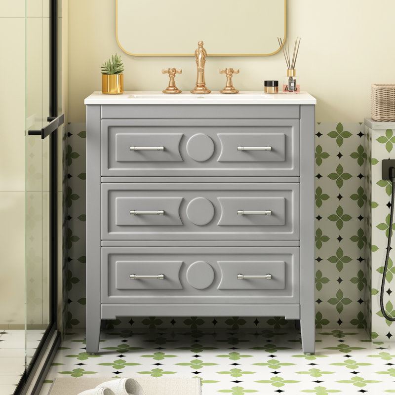 Meuble-lavabo de salle de bain avec lavabo, structure en bois massif, 3 tiroirs, finition grise, style classique, vaste espace de rangement de 30 po, rangement rétro élégant et de haute qualité, bassin pré-percé à trois trous