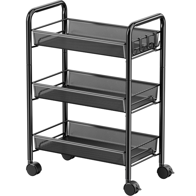 Black Metal 3-Tier Rolling Utility Storage Cart