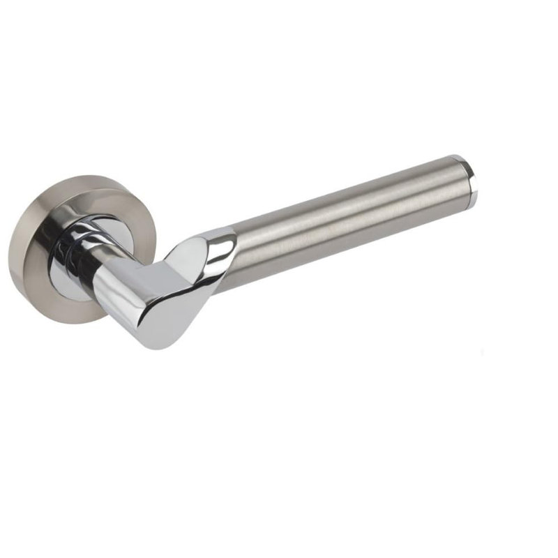 Titan Handles Set on Round Rose in Satin Nickel Finish with 64mm 3 Lever Mortise Lock and Key Hole