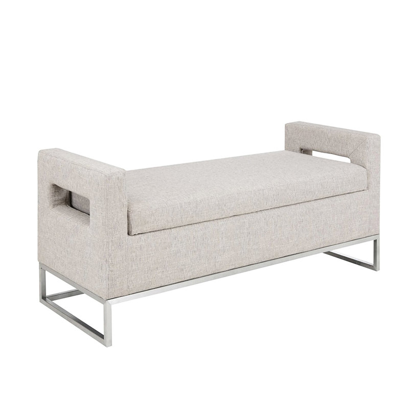 Banc doux rembourré gris avec base en bois massif et rangement rectangulaire de style - Contreplaqué l 50 po x P 20 po pour le salon de la chambre à coucher