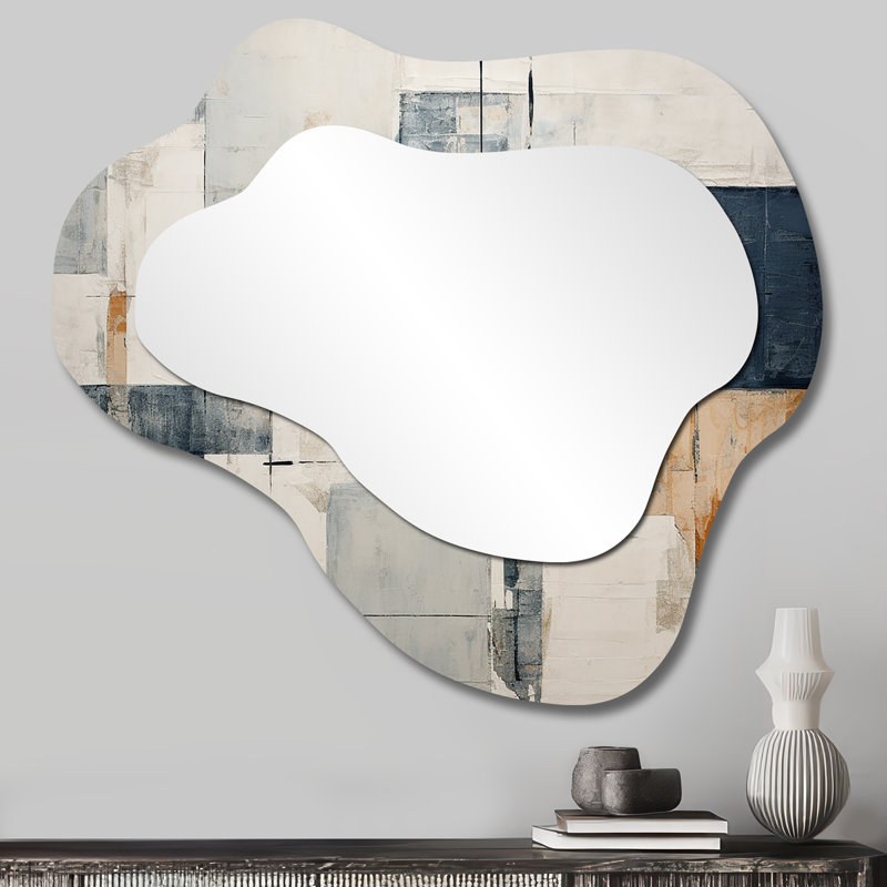Abstrait bleu beige route Collage I - Miroir mural moderne abstrait, 25 po x 28 po