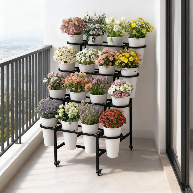 Présentoir à fleurs à 4 niveaux avec roues