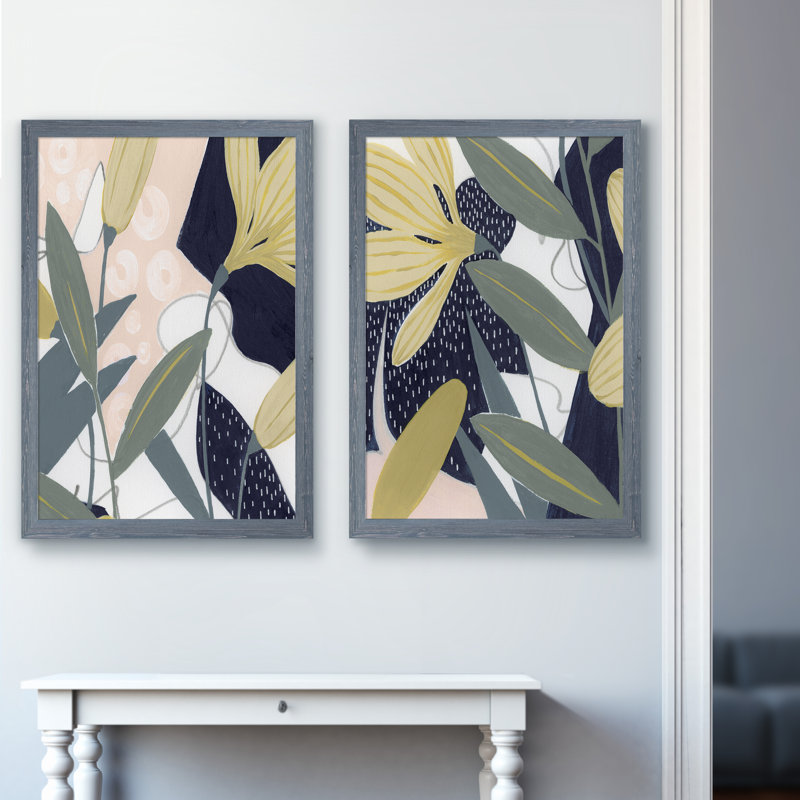 Flores Noche IV - Ensemble de 2 peintures sur toile encadrées, Toile avec cadre gris, H 20 po x l 32 po x P 1,25 po